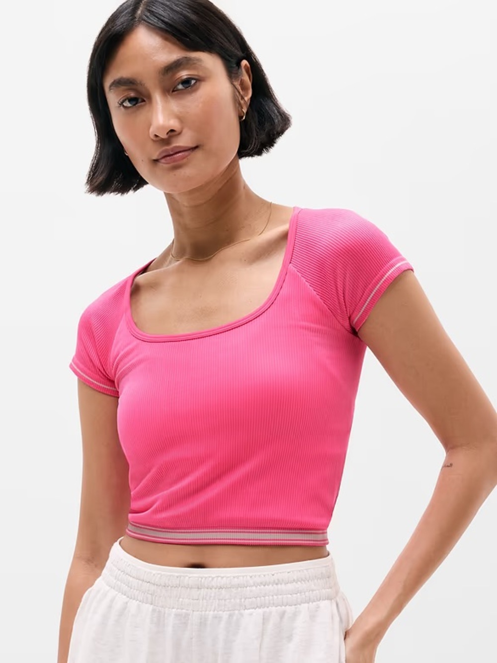 NWT Athleta Ribbed Scoop-Neck Seamless Crop Top in Hot Pink with Contrast Trim